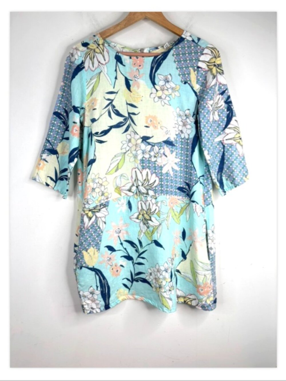Malvin Germany 100% Linen Tunic Dress S Pockets Floral Boho Lagenlook Cottage